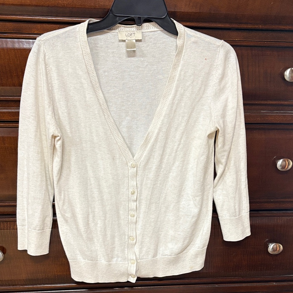 LOFT Cream Button-Front V-Neck Cardigan